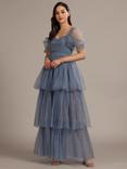 Lace & Beads Sydney Off Shoulder Tulle Tiered Maxi Dress, Dusty Blue