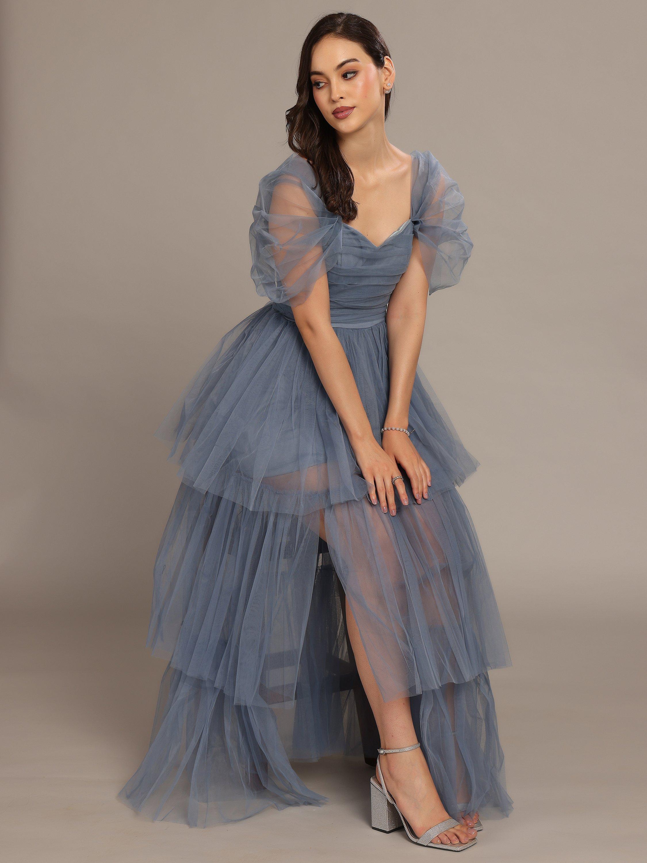 Product image 3 of 5, which shows Lace & Beads Sydney Off Shoulder Tulle Tiered Maxi Dress, Dusty Blue, 6