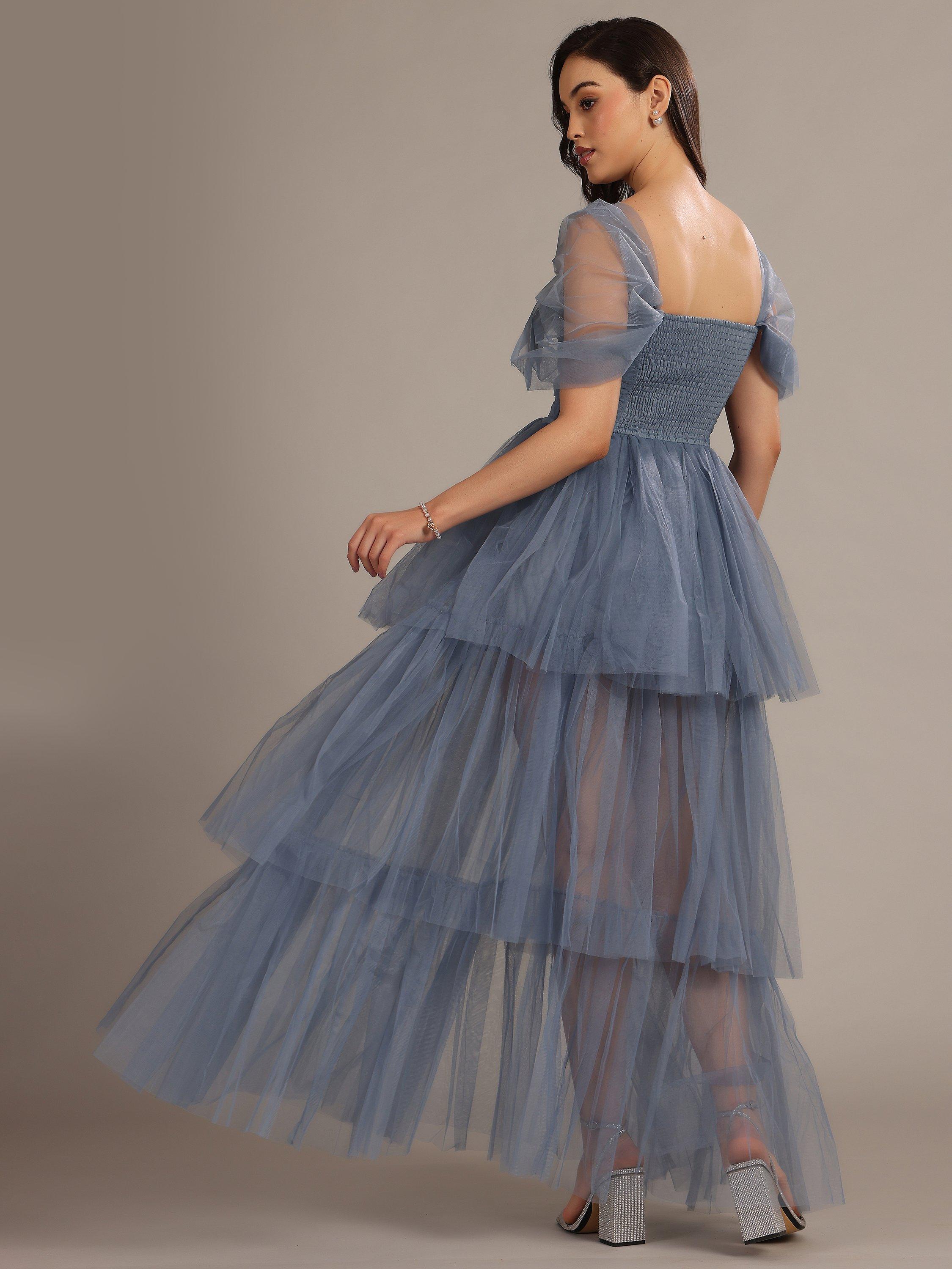 Product image 4 of 5, which shows Lace & Beads Sydney Off Shoulder Tulle Tiered Maxi Dress, Dusty Blue, 6