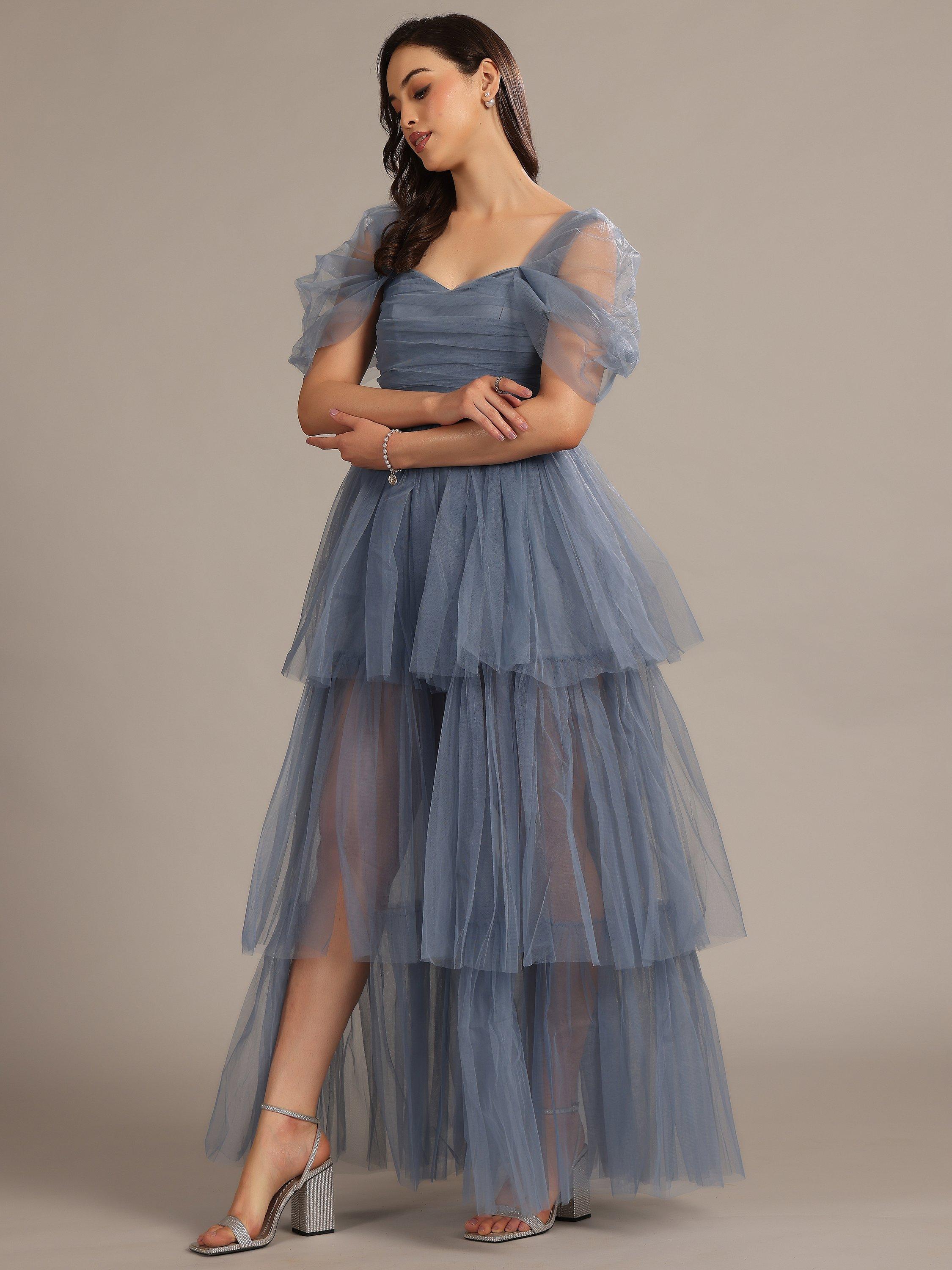 Product image 5 of 5, which shows Lace & Beads Sydney Off Shoulder Tulle Tiered Maxi Dress, Dusty Blue, 6