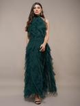 Lace & Beads Tabitha Backless Tulle Ruffle Maxi Dress, Emerald Green