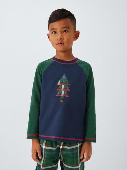 John Lewis Kids' Christmas Tree Jersey Check Pyjamas, Green Multi, Green Multi