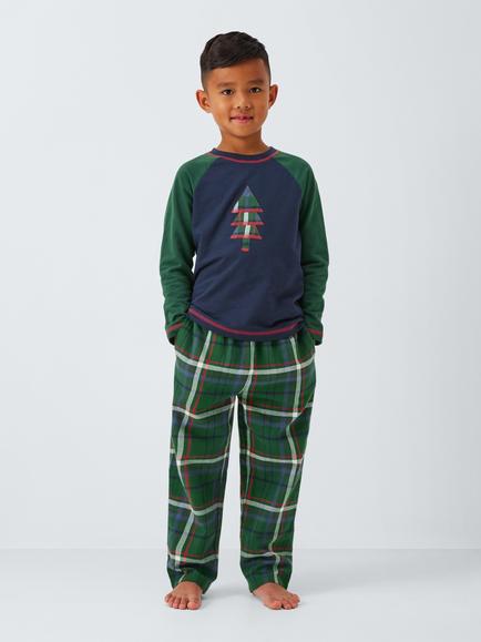 John Lewis Kids' Christmas Tree Jersey Check Pyjamas, Green Multi - view 2, Green Multi