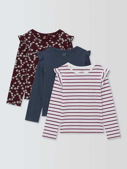 John Lewis Kids' Floral Stripe Ruffle Jersey Tops, Pack of 3, Berry, Navy, Berry, Navy