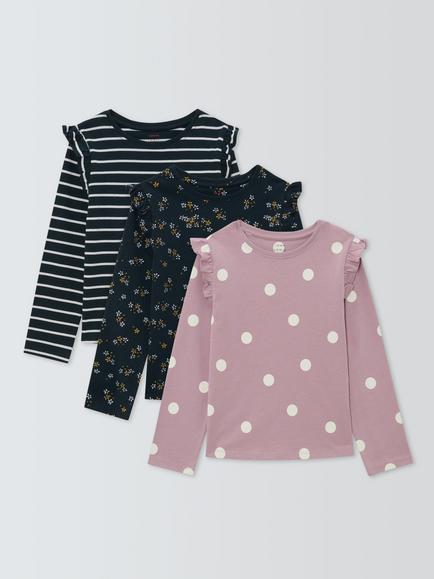 John Lewis Kids' Ruffle Shoulder Long Sleeve Tops, Pack of 3, Navy/Purple, Navy, Purple