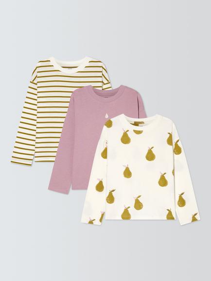 John Lewis Kids' Stripe/Pears Long Sleeve Tops, Pack of 3, Green, Purple, Green, Purple