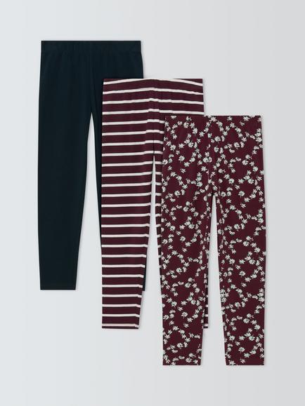 John Lewis Kids' Plain/Stripe/Floral Jersey Leggings, Pack of 3, Berry, Blue, Cream, Berry, Blue, Cream