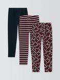 John Lewis Kids' Plain/Stripe/Floral Jersey Leggings, Pack of 3, Berry, Blue, Cream