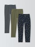 John Lewis Kids' Plain/Stripe/Floral Jersey Leggings, Pack of 3, Green, Blue