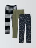 John Lewis Kids' Plain/Stripe/Floral Jersey Leggings, Pack of 3, Green, Blue