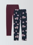 John Lewis Kids' Plain/Floral Button Waist Leggings, Pack of 2, Navy Berry