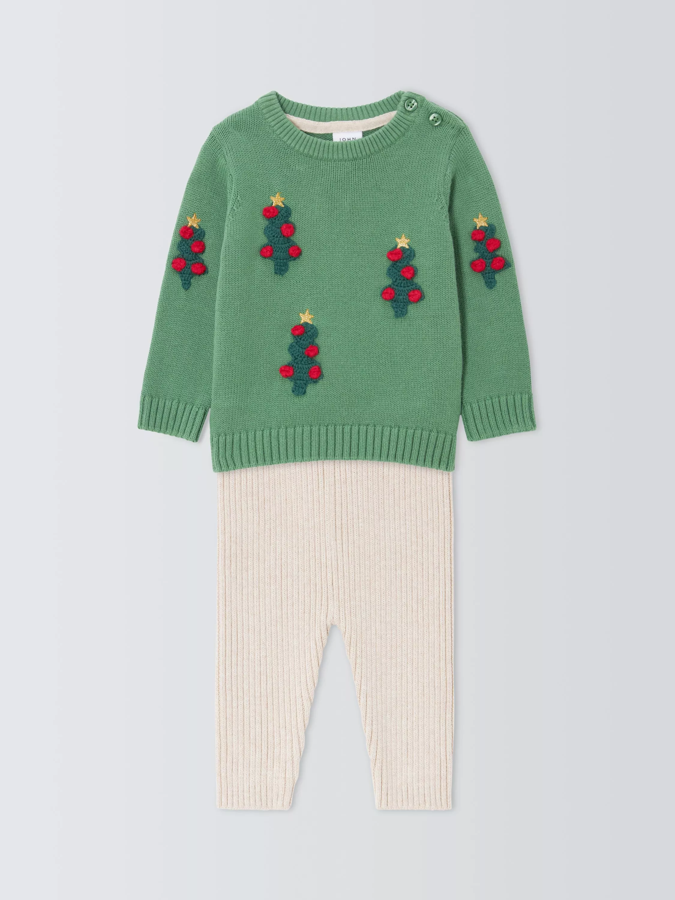 John Lewis Baby Christmas Tree Crochet Knit Jumper & Leggings Set, Green