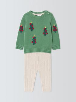 John Lewis Baby Christmas Tree Crochet Knit Jumper & Leggings Set, Green, Green