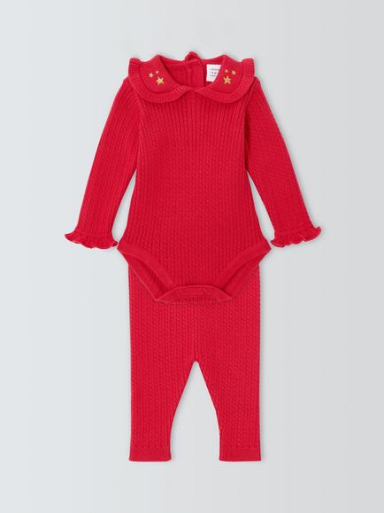 John Lewis Baby Cable Knit Long Sleeve Bodysuit & Leggings Set, Red, Red