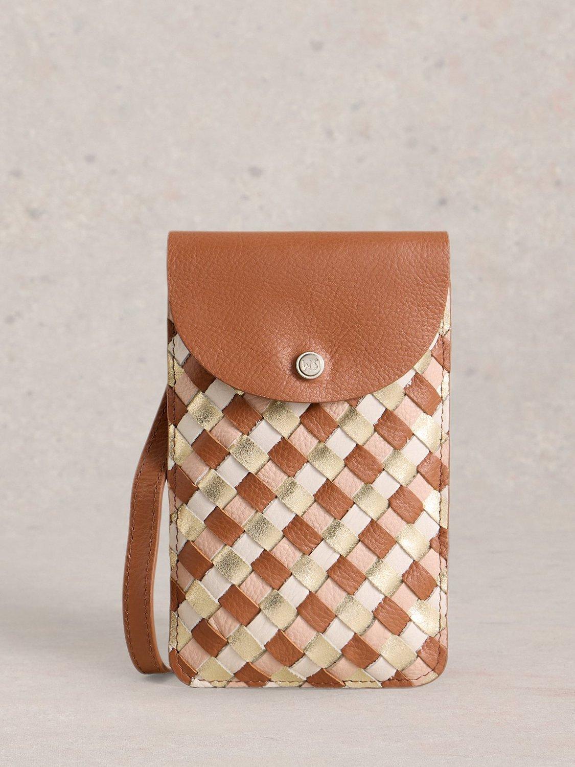Product image 1 of 4, which shows White Stuff Coco Leather Weaved Phone Bag, Tan/Multi
