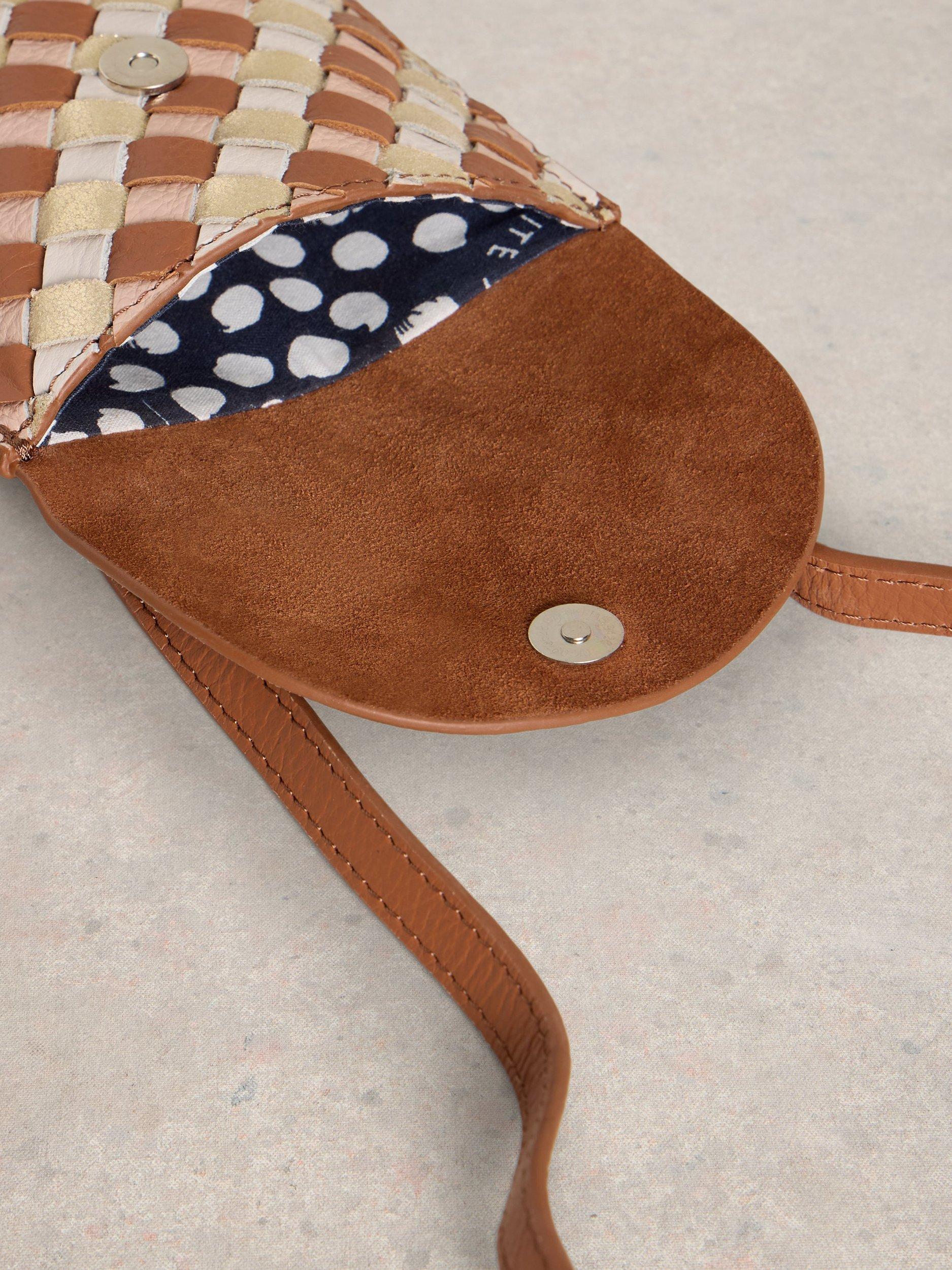 Product image 3 of 4, which shows White Stuff Coco Leather Weaved Phone Bag, Tan/Multi