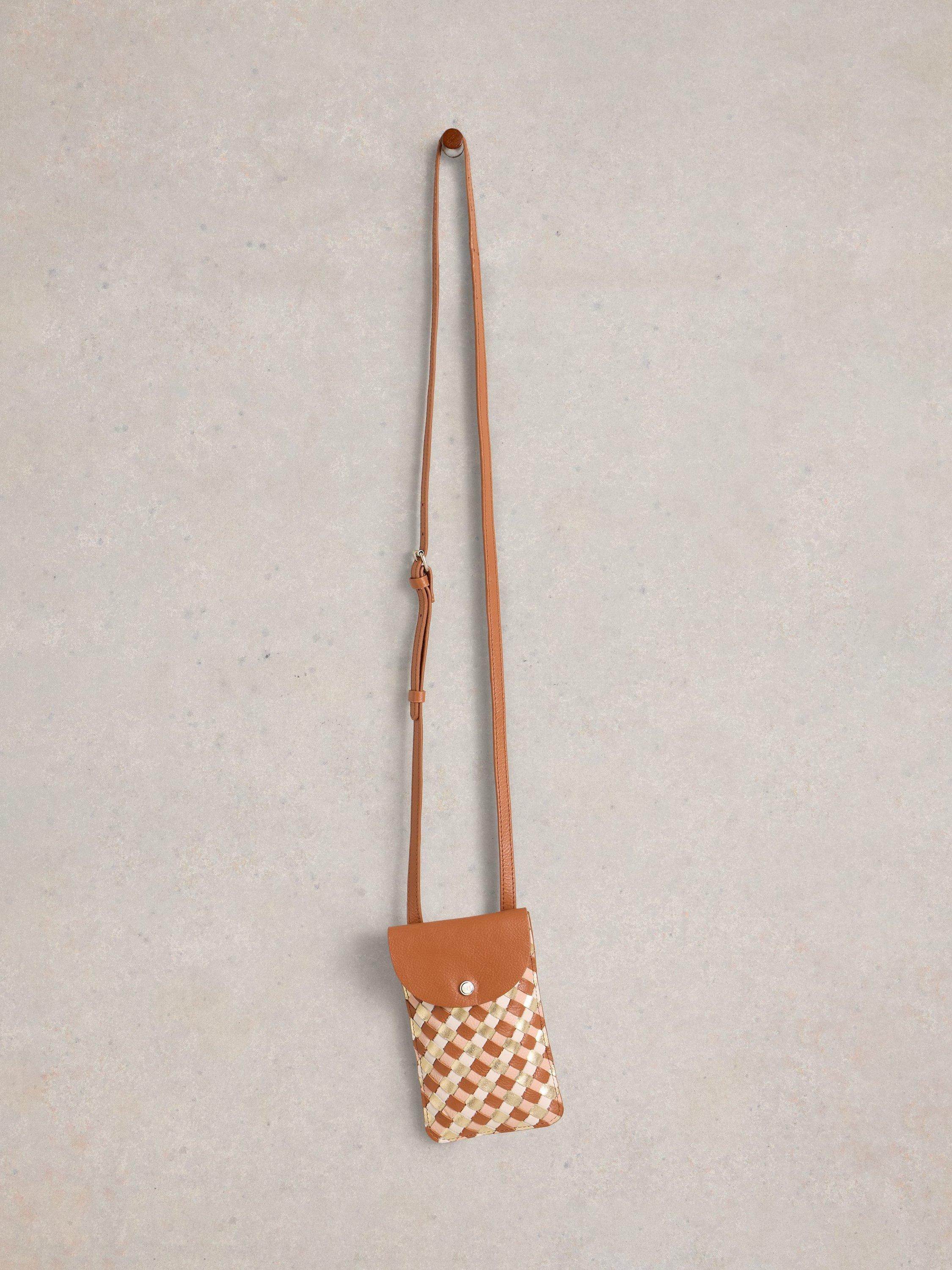 Product image 4 of 4, which shows White Stuff Coco Leather Weaved Phone Bag, Tan/Multi