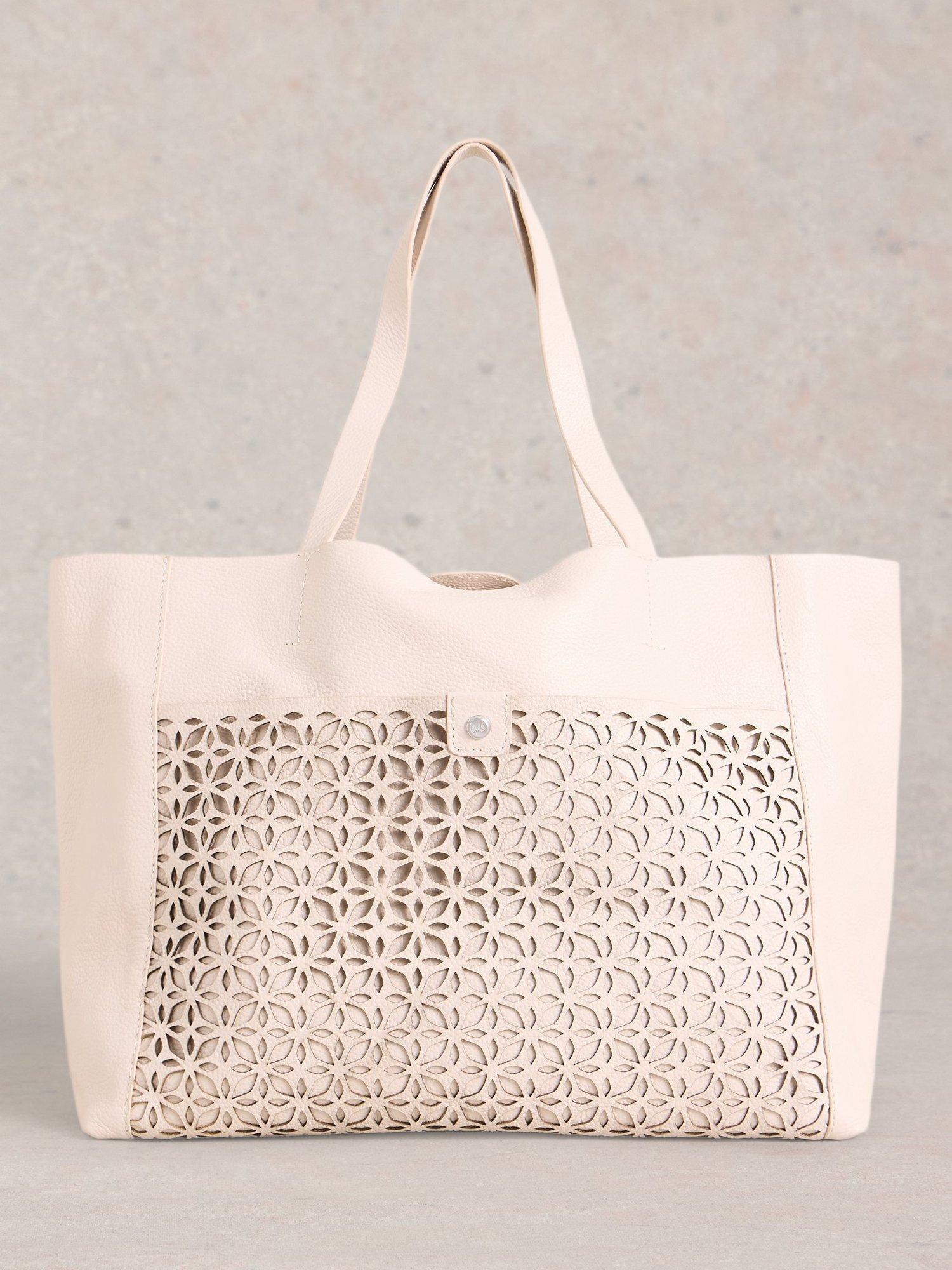 Product image 1 of 4, which shows White Stuff Layla Floral Leather Tote Bag, Pale Ivory