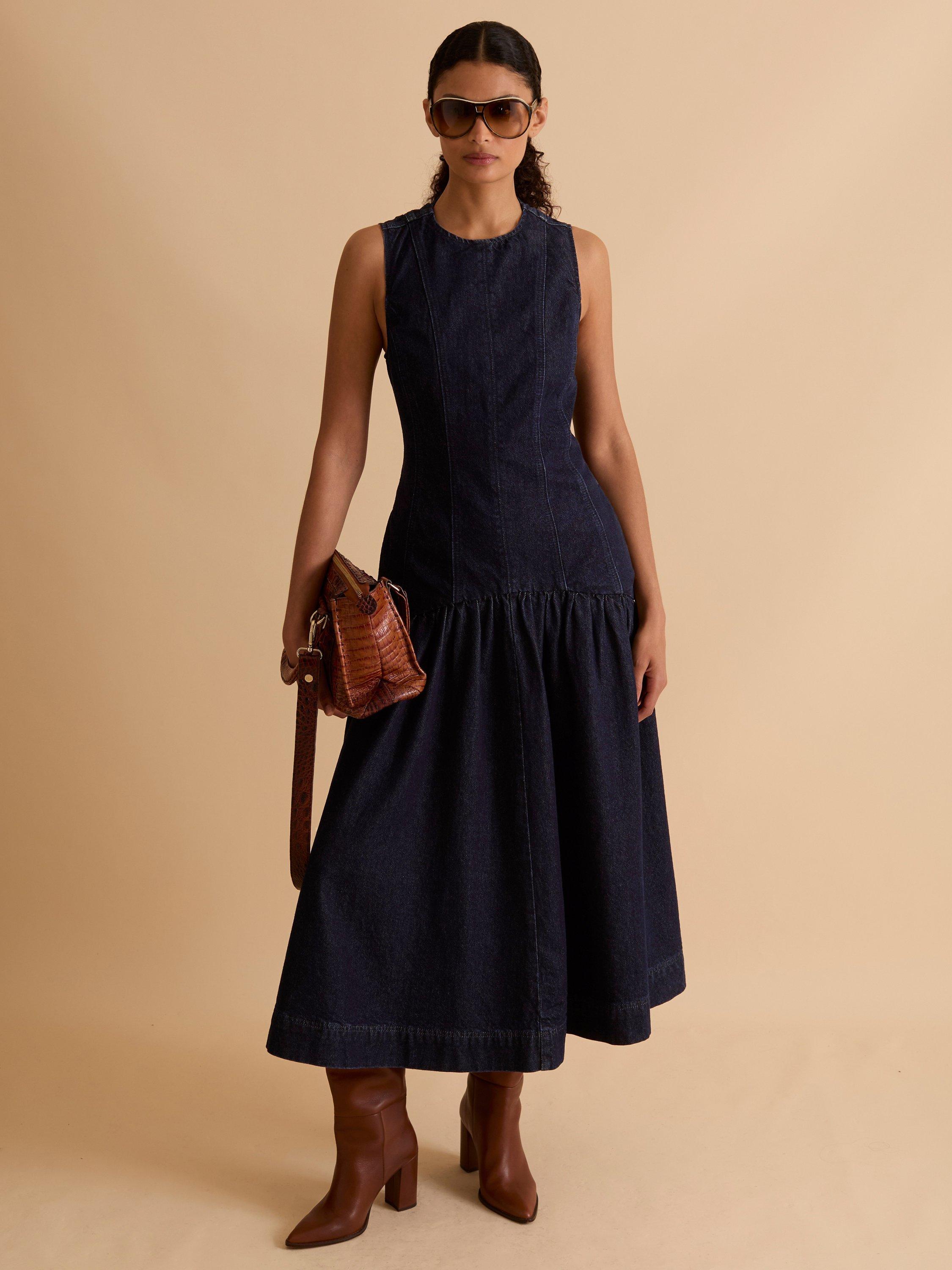 Product image 1 of 6, which shows FLORERE Panelled Denim Midi Dress, Navy, 10
