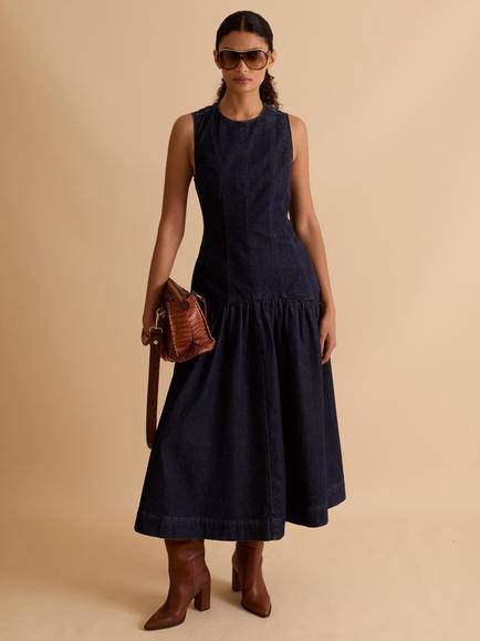 FLORERE Panelled Denim Midi Dress, Navy, Navy