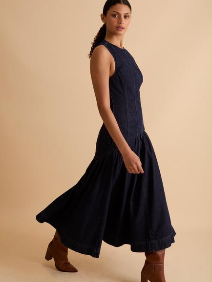 FLORERE Panelled Denim Midi Dress, Navy - view 2, Navy