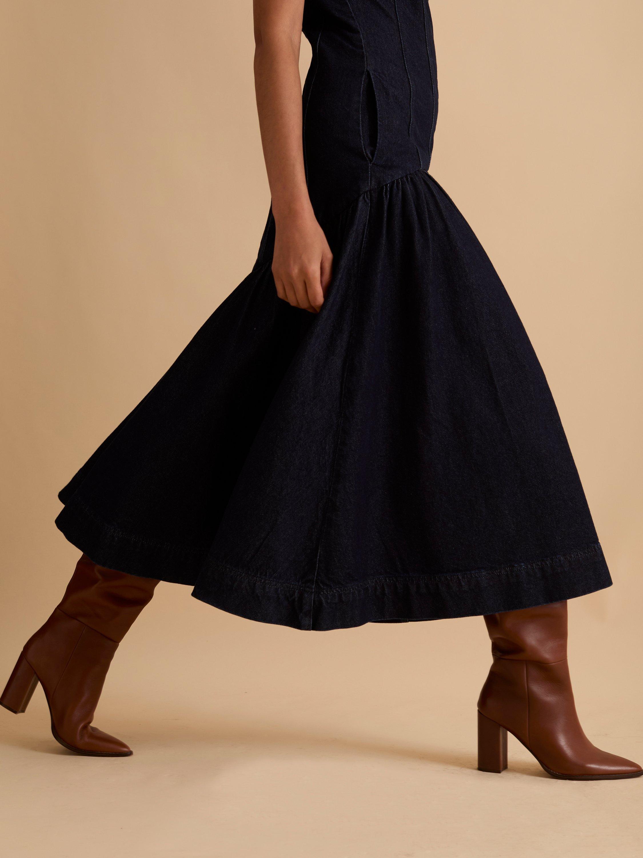 Product image 6 of 6, which shows FLORERE Panelled Denim Midi Dress, Navy, 10