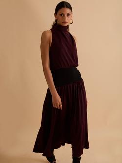 FLORERE Satin & Knit Cowl Neck Dress, Burgundy, Burgundy