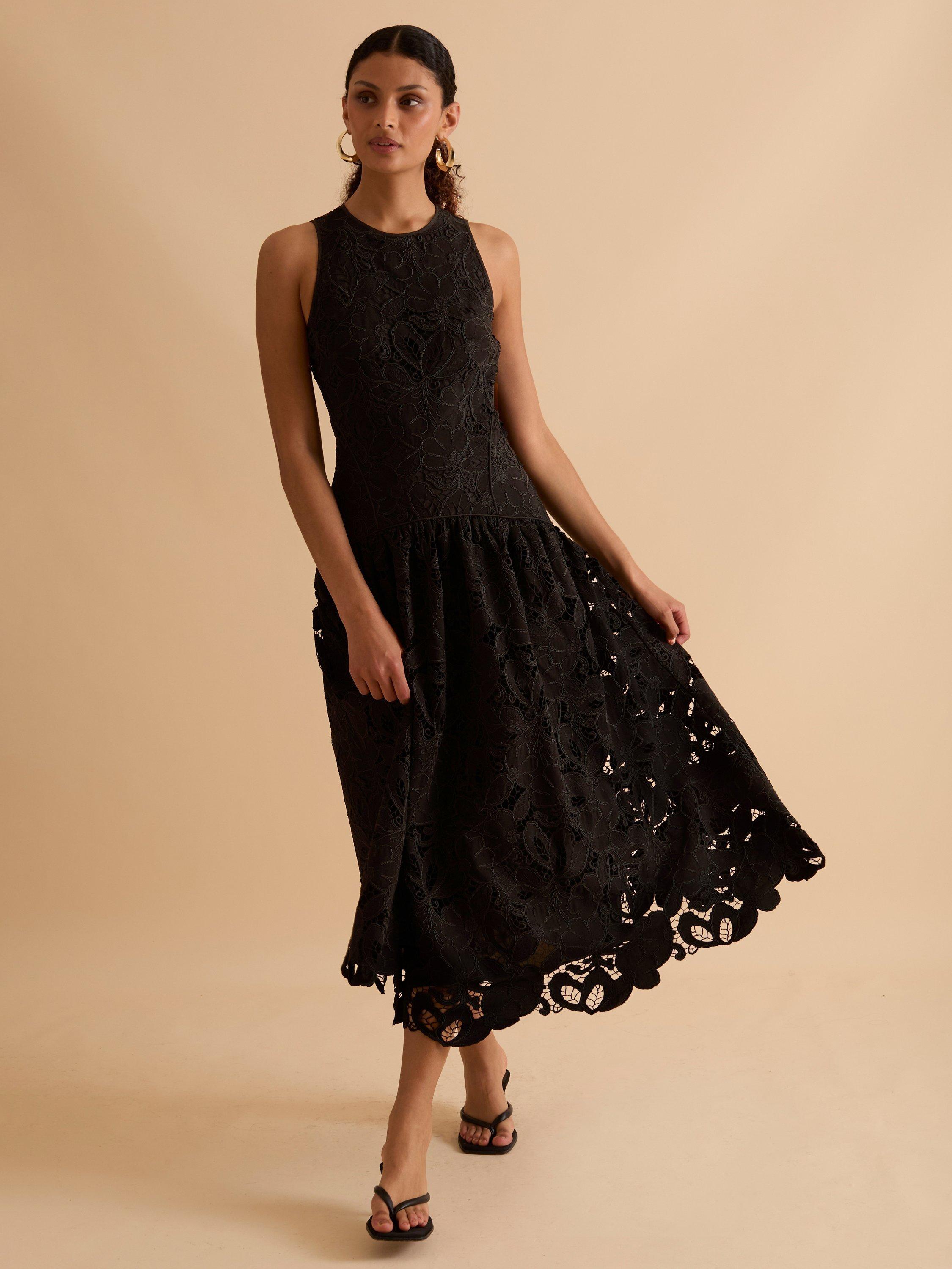 FLORERE Panelled Lace Midi Dress, Black