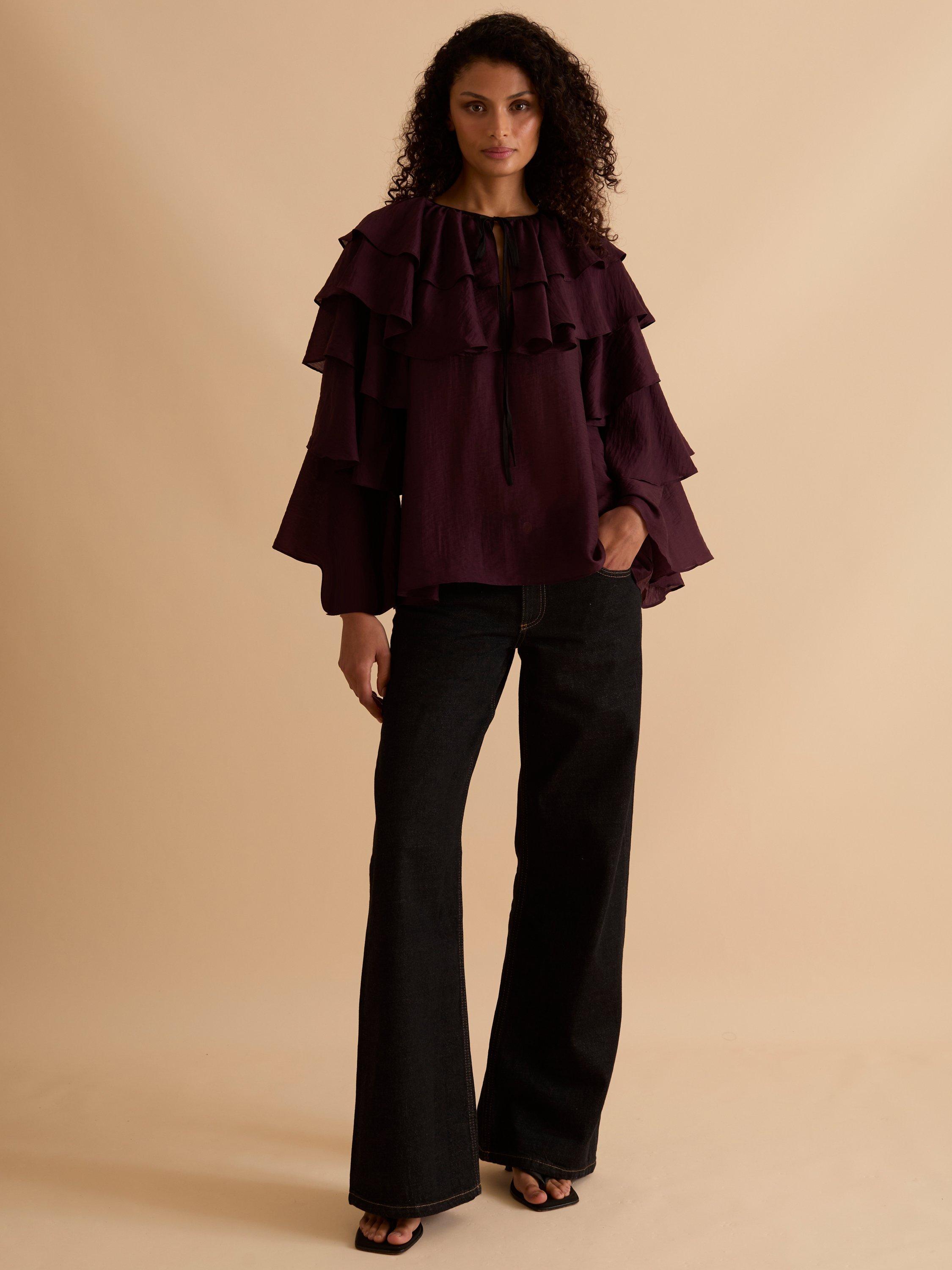 Product image 1 of 5, which shows FLORERE Ruffle Tiered Sleeve Top, Burgundy, 10