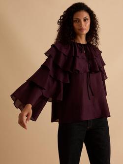 FLORERE Ruffle Tiered Sleeve Top, Burgundy - view 2, Burgundy