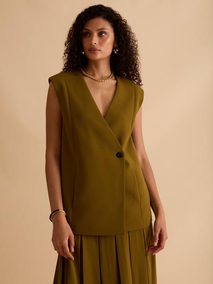 FLORERE One Button Longline Waistcoat, Khaki, Khaki