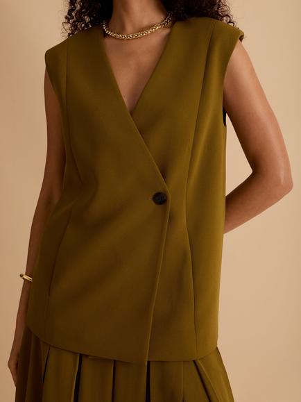 FLORERE One Button Longline Waistcoat, Khaki - view 2, Khaki