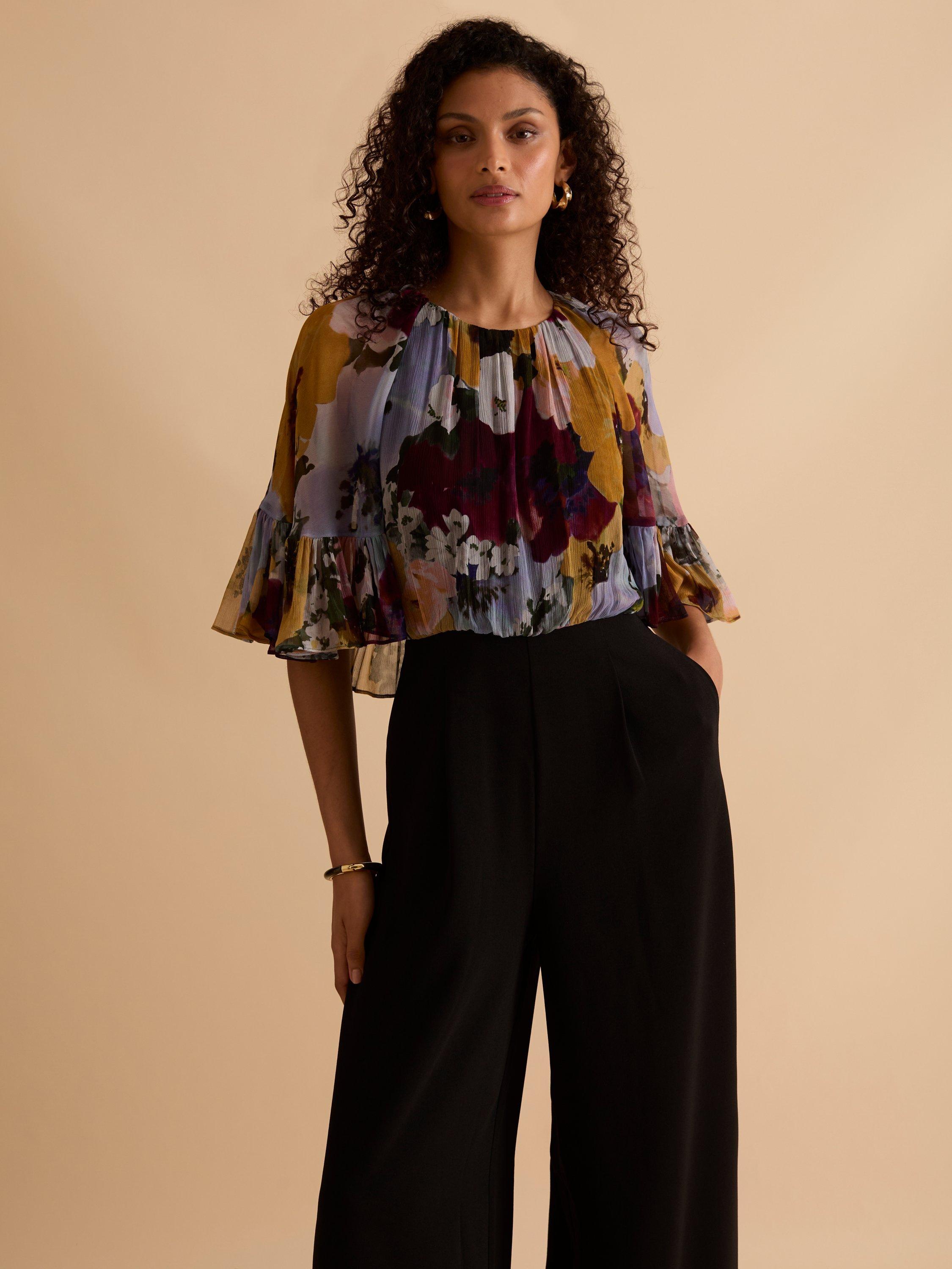 FLORERE Floral Print Ruffle Cape Jumpsuit, Multi/Black