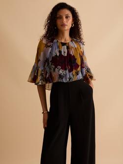 FLORERE Floral Print Ruffle Cape Jumpsuit, Multi/Black, Multi/Black