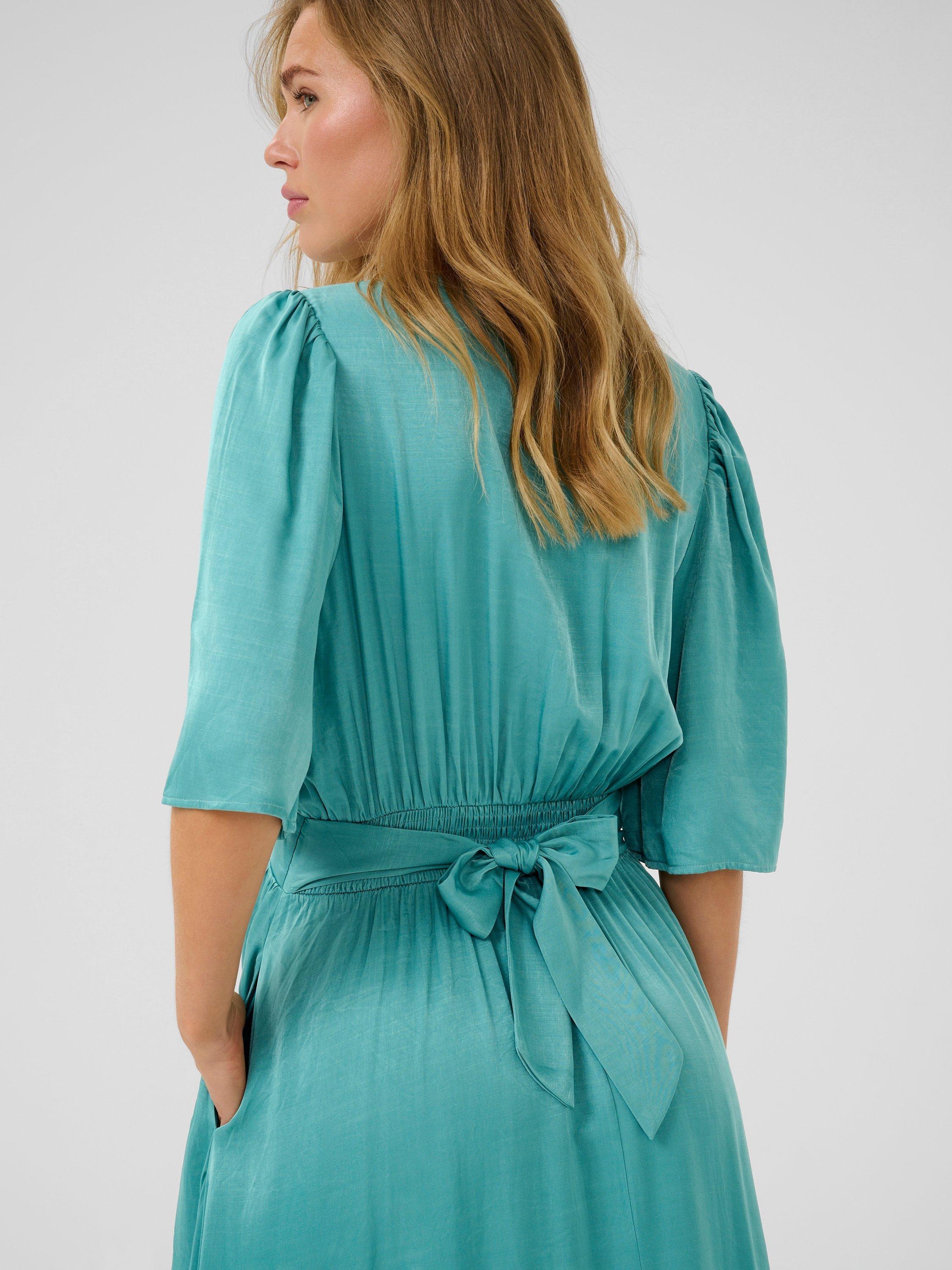 Product image 3 of 5, which shows KAFFE KAdevi V-Neck Tie Waist Maxi Dress, Teal, 12