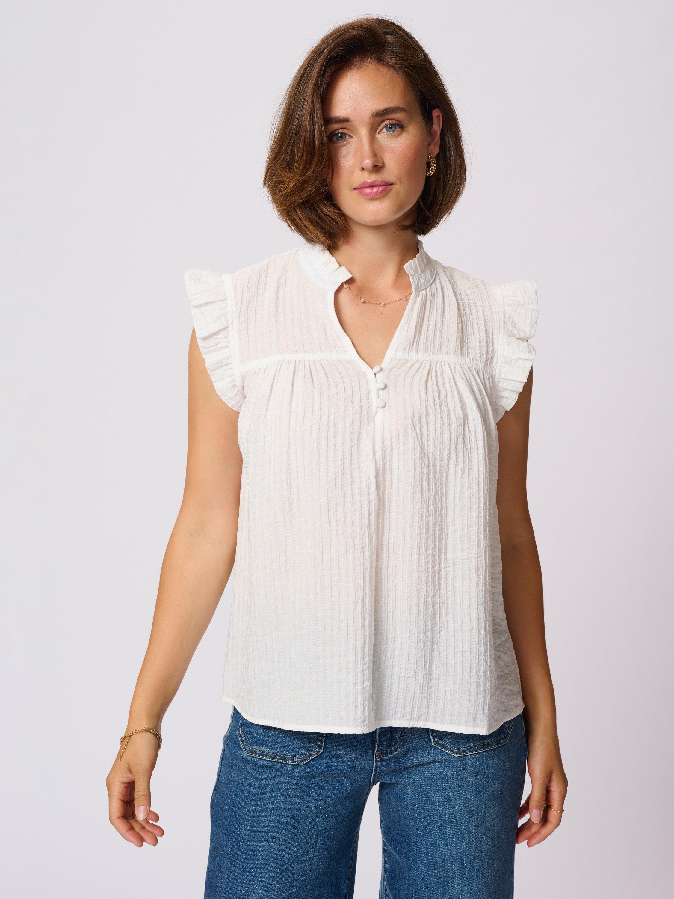 Product image 1 of 6, which shows KAFFE KAliany High Neck Frill Sleeved Blouse, White, 8