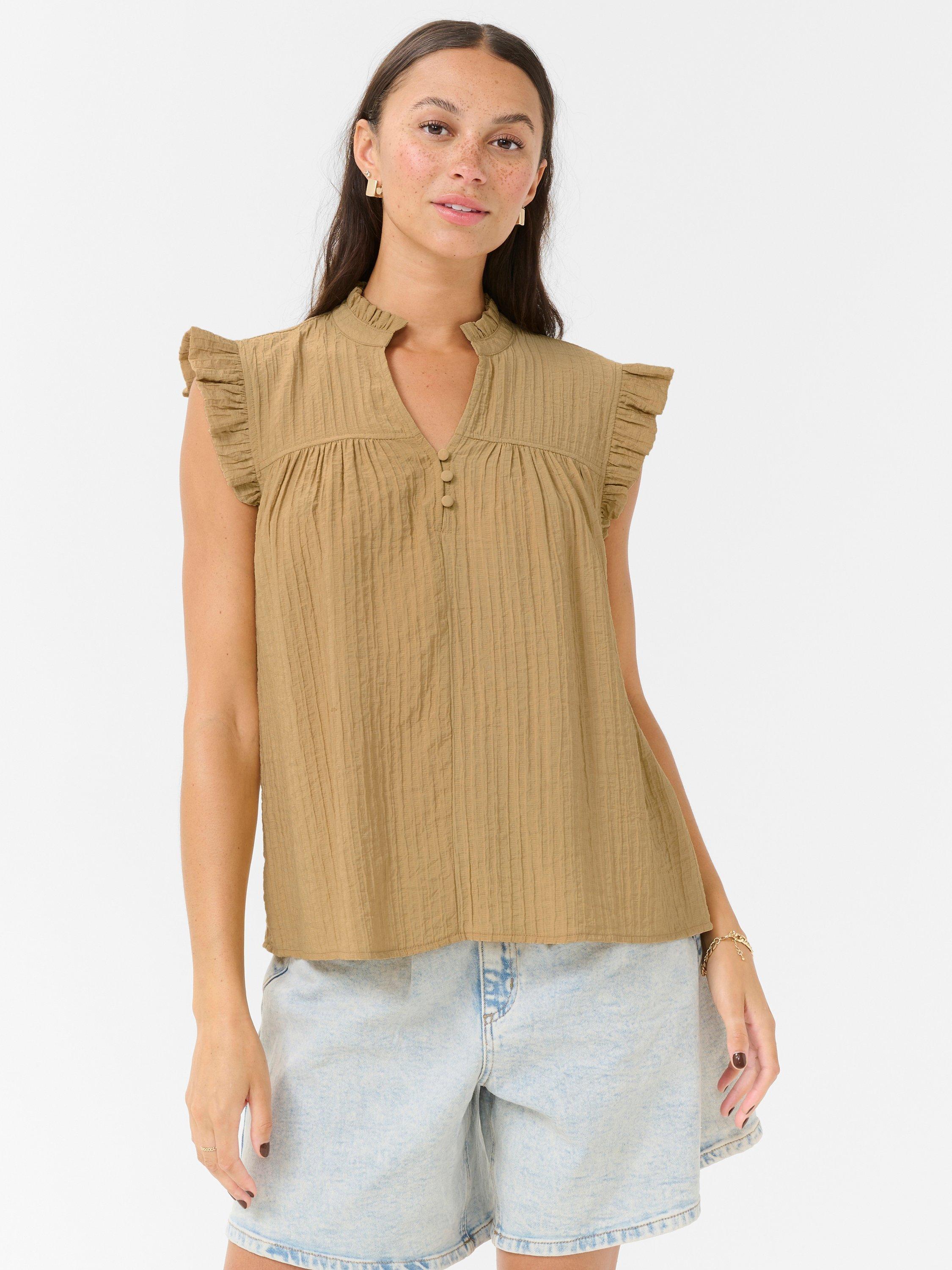 Product image 1 of 5, which shows KAFFE KAliany High Neck Frill Sleeved Blouse, Beige, 12