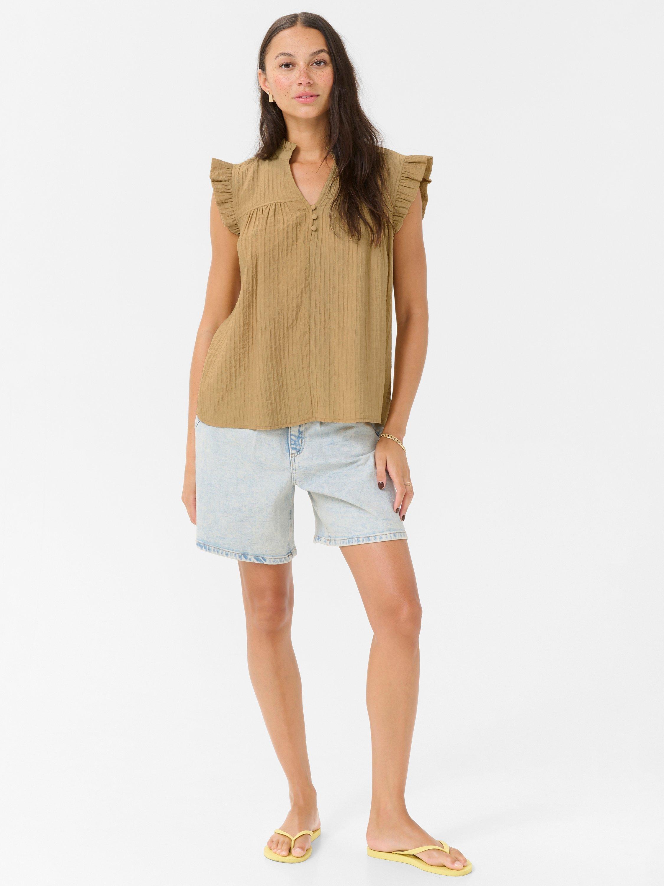 Product image 2 of 5, which shows KAFFE KAliany High Neck Frill Sleeved Blouse, Beige, 12
