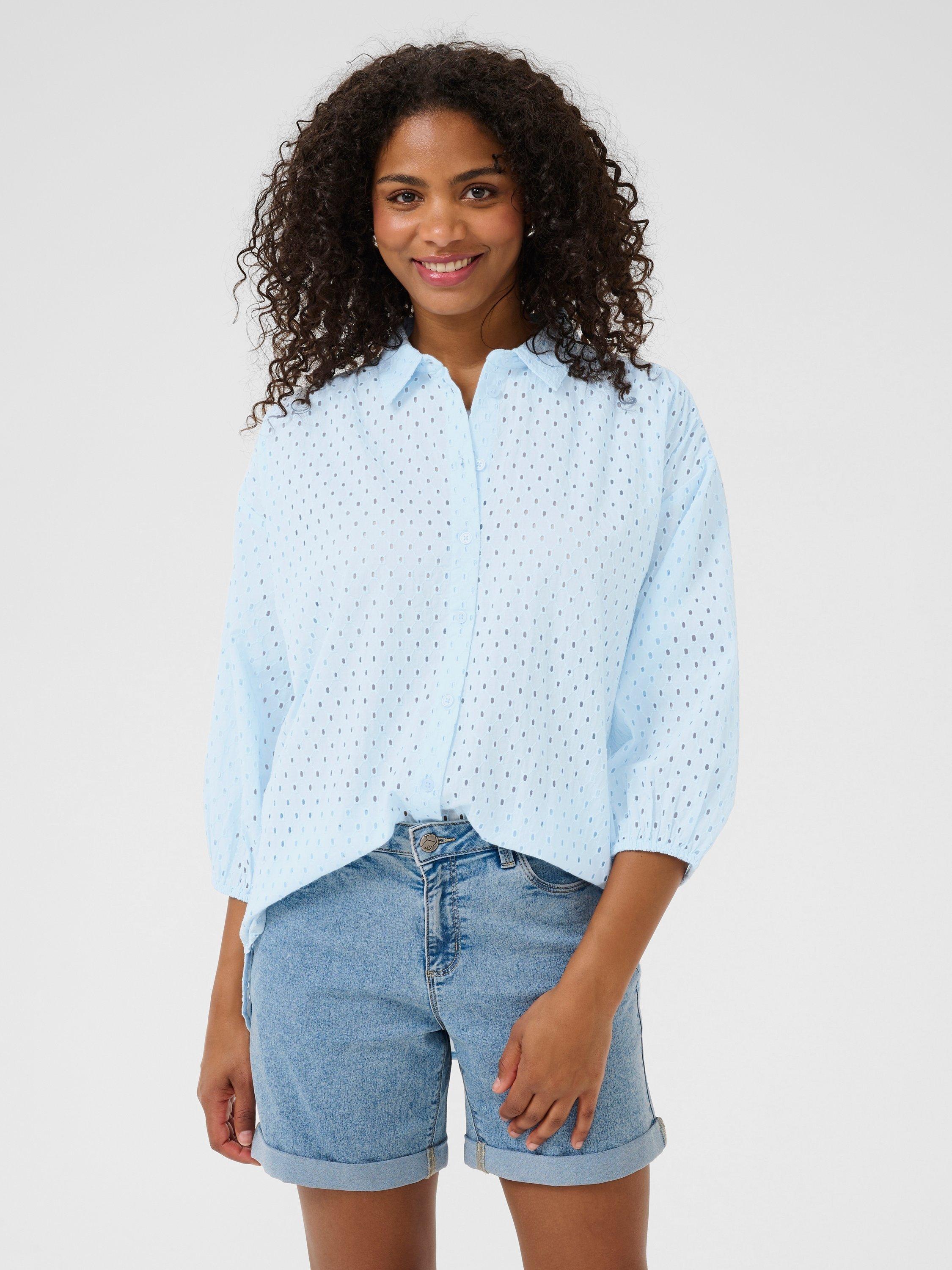 Product image 1 of 5, which shows KAFFE Rumba Broderie Anglaise Shirt, Mid Blue, 8
