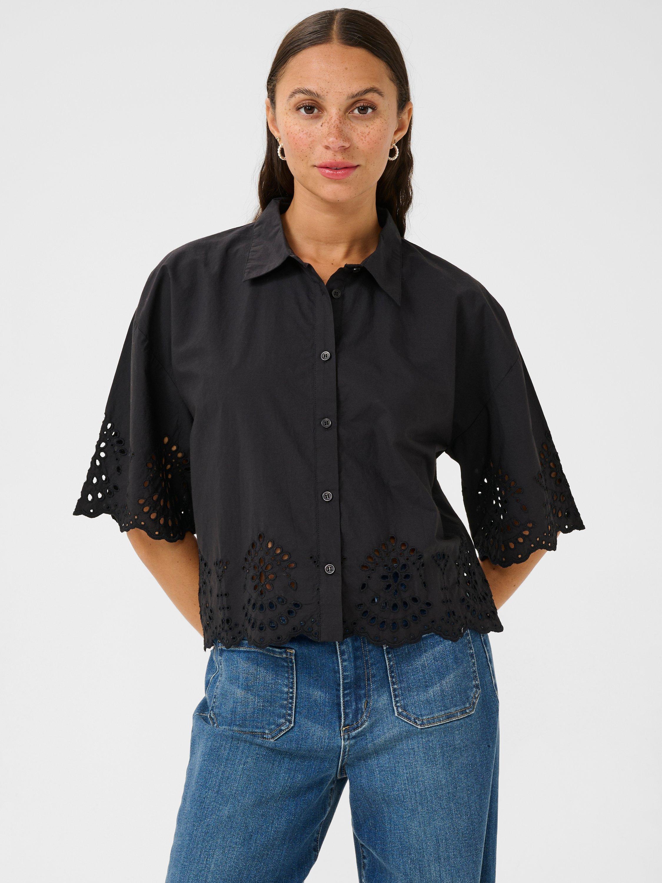 Product image 1 of 6, which shows KAFFE Carly Broderie Anglaise Shirt, Black, 8