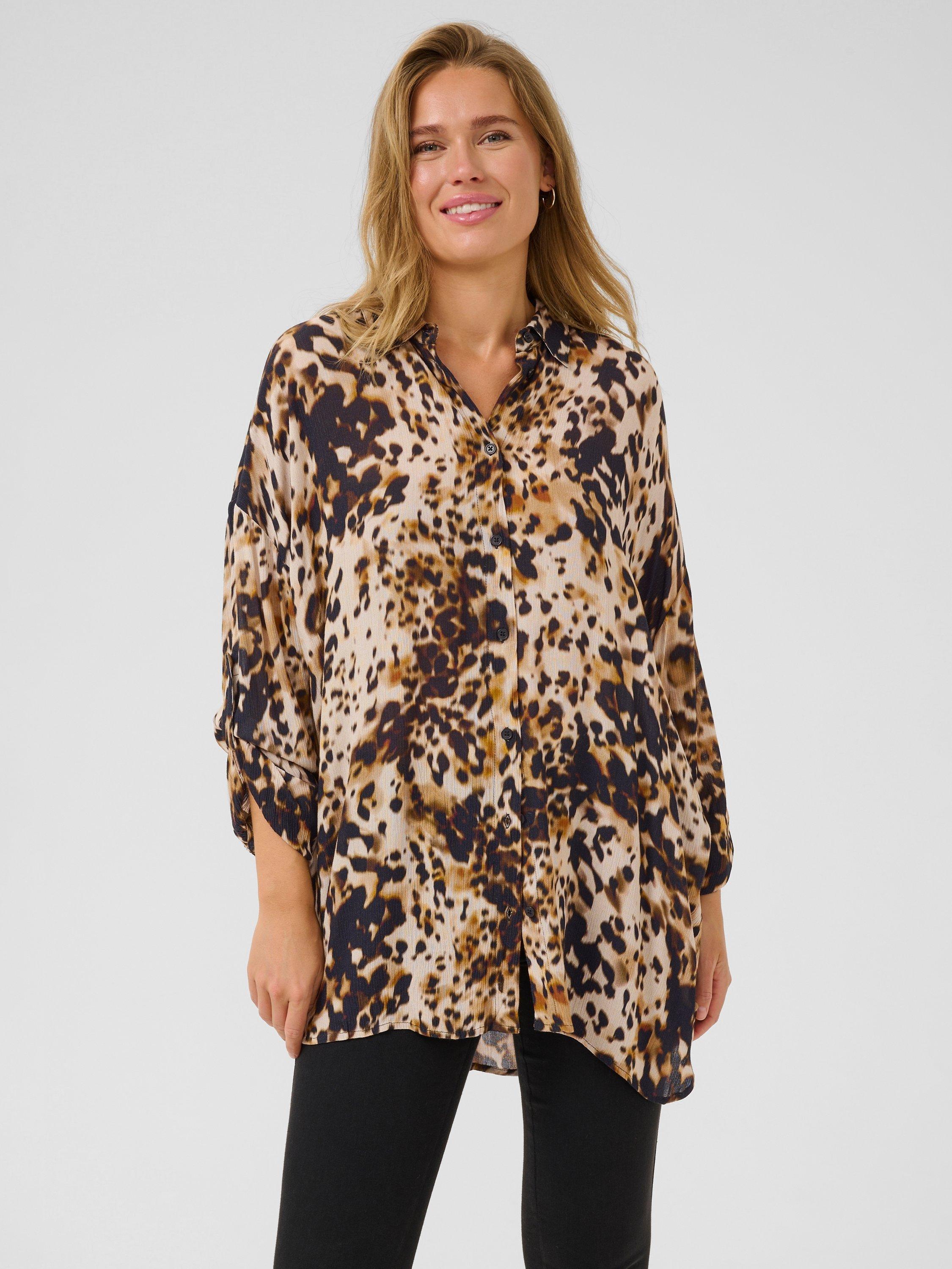 Product image 1 of 6, which shows KAFFE Thora Amber Animal Print Shirt, Beige, 8