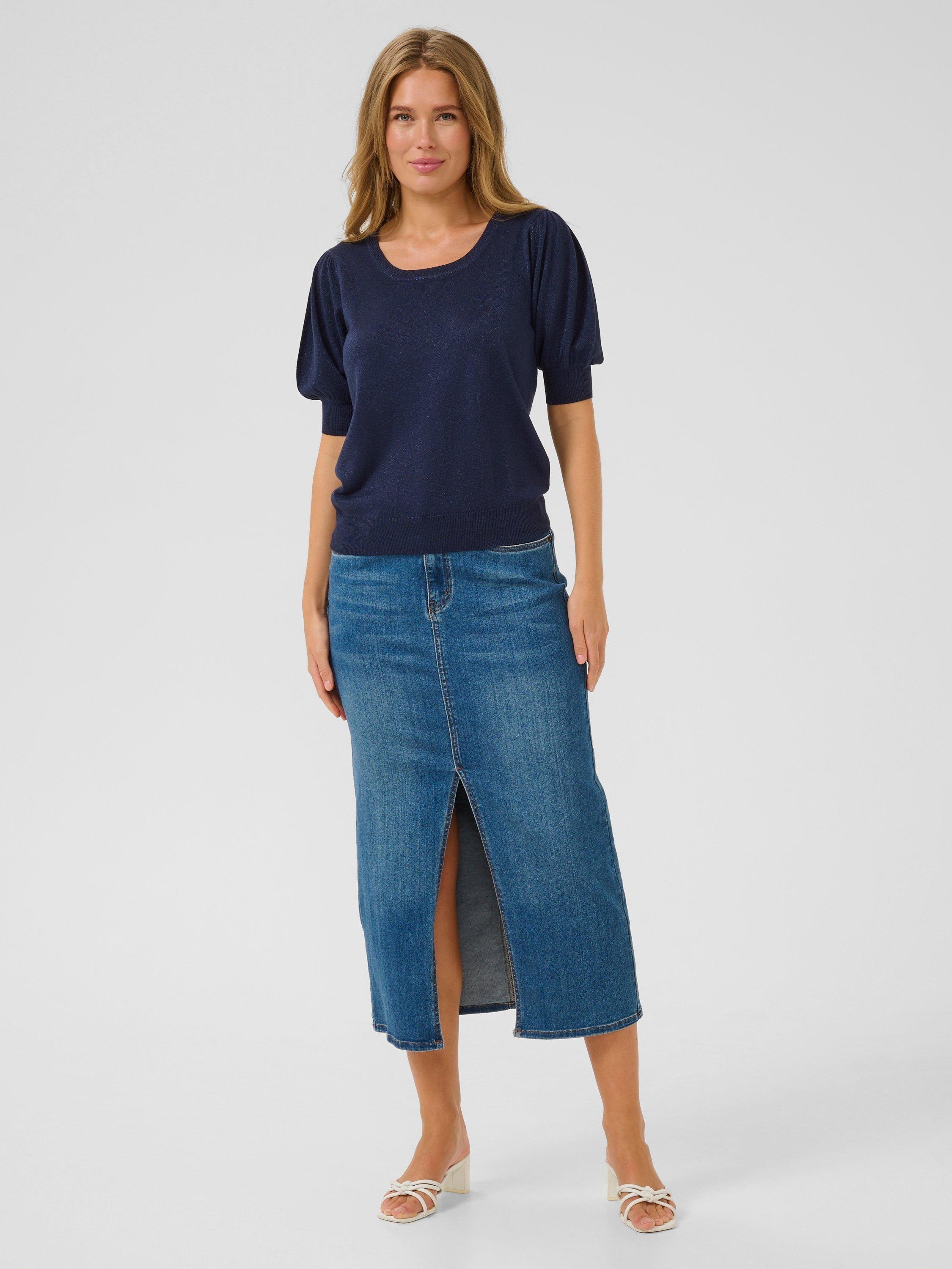 Product image 3 of 6, which shows KAFFE Regina Scoop Neck Short Sleeve Jumper, Mid Blue, XS