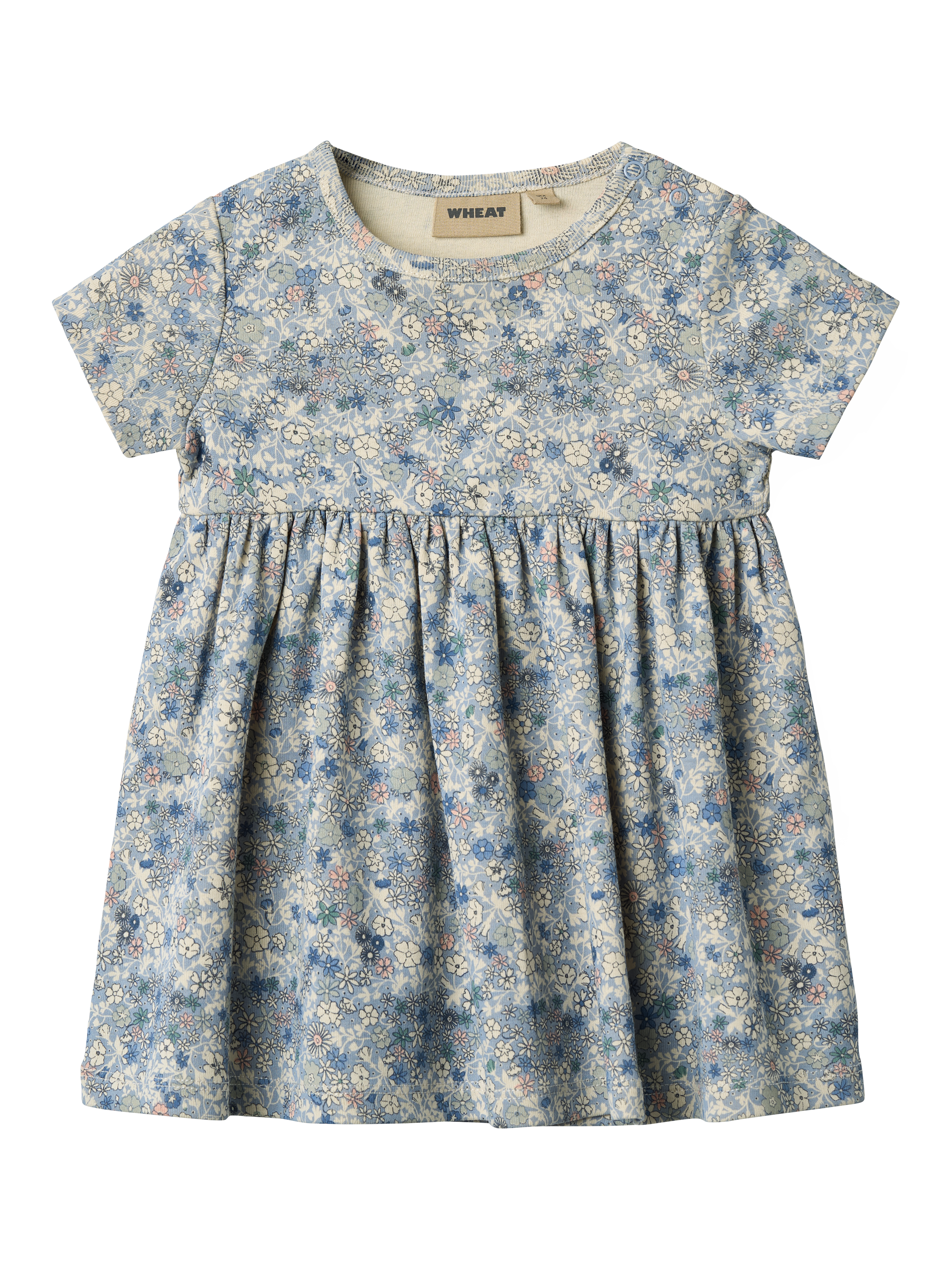 Product image 1 of 3, which shows WHEAT Baby Nova Short Sleeve Floral Jersey Dress, Blue, 6 months