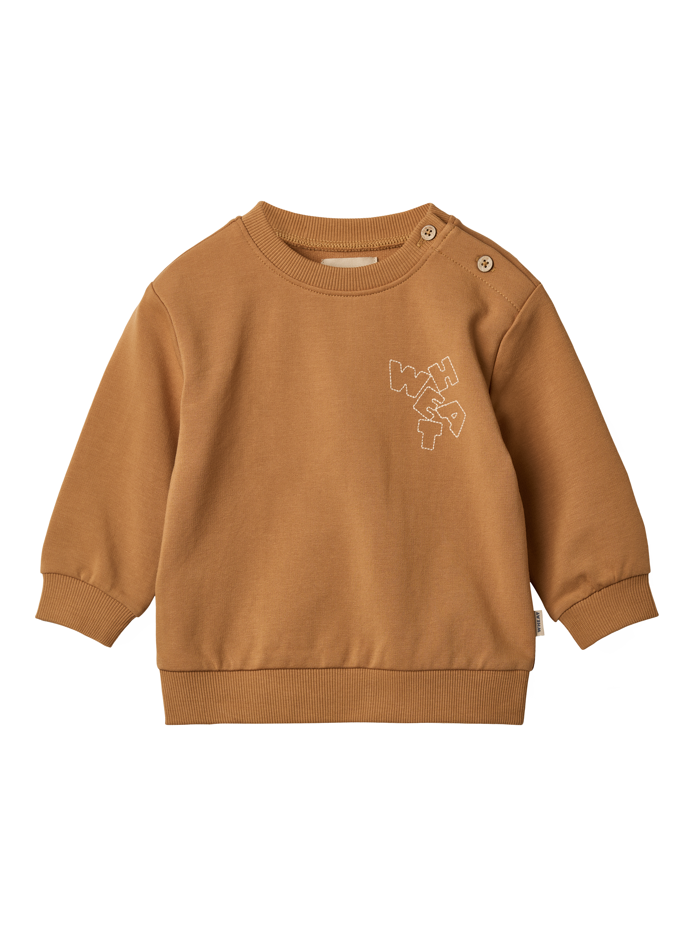 Product image 1 of 3, which shows WHEAT Baby Willi Logo Sweatshirt, Almond, 9 months