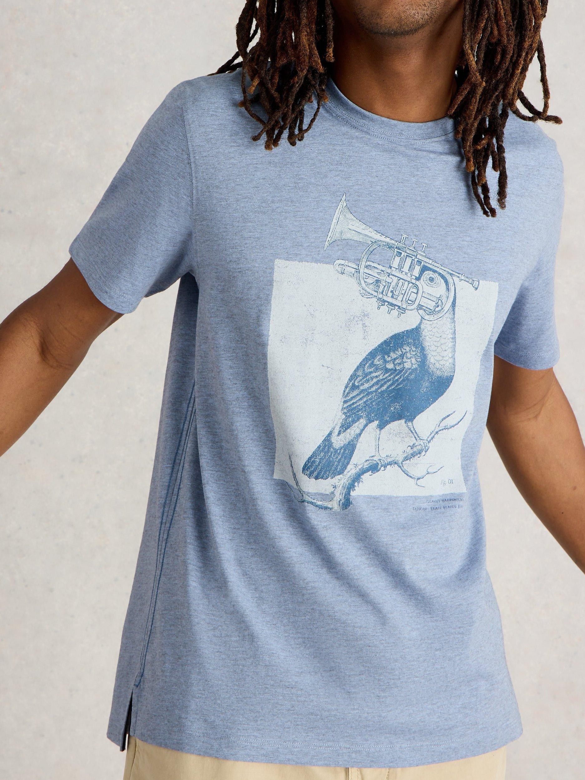 Product image 3 of 6, which shows White Stuff Cotton Blend Regular Fit Short Sleeve Toucan Graphic T-Shirt, Blue/Multi, XL