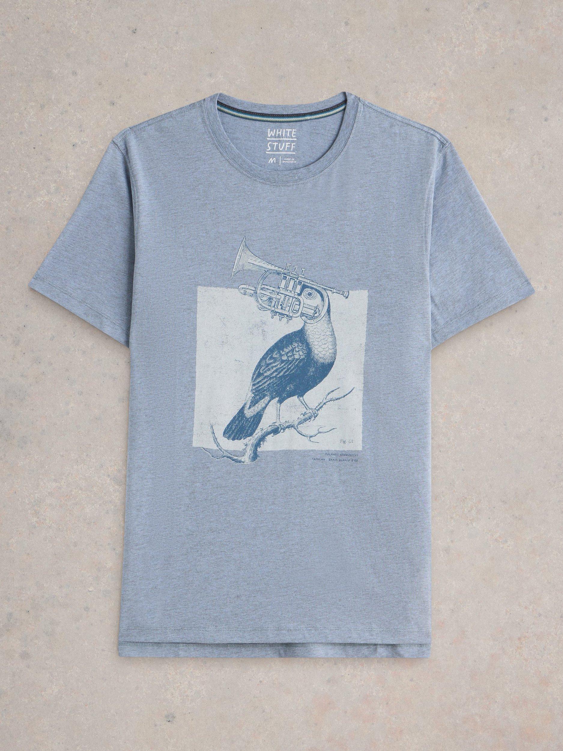 Product image 5 of 6, which shows White Stuff Cotton Blend Regular Fit Short Sleeve Toucan Graphic T-Shirt, Blue/Multi, XL
