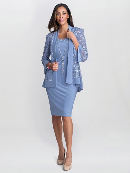 Gina Bacconi Beverley Soutache Dress & Jacket With Necklace, Mid Blue