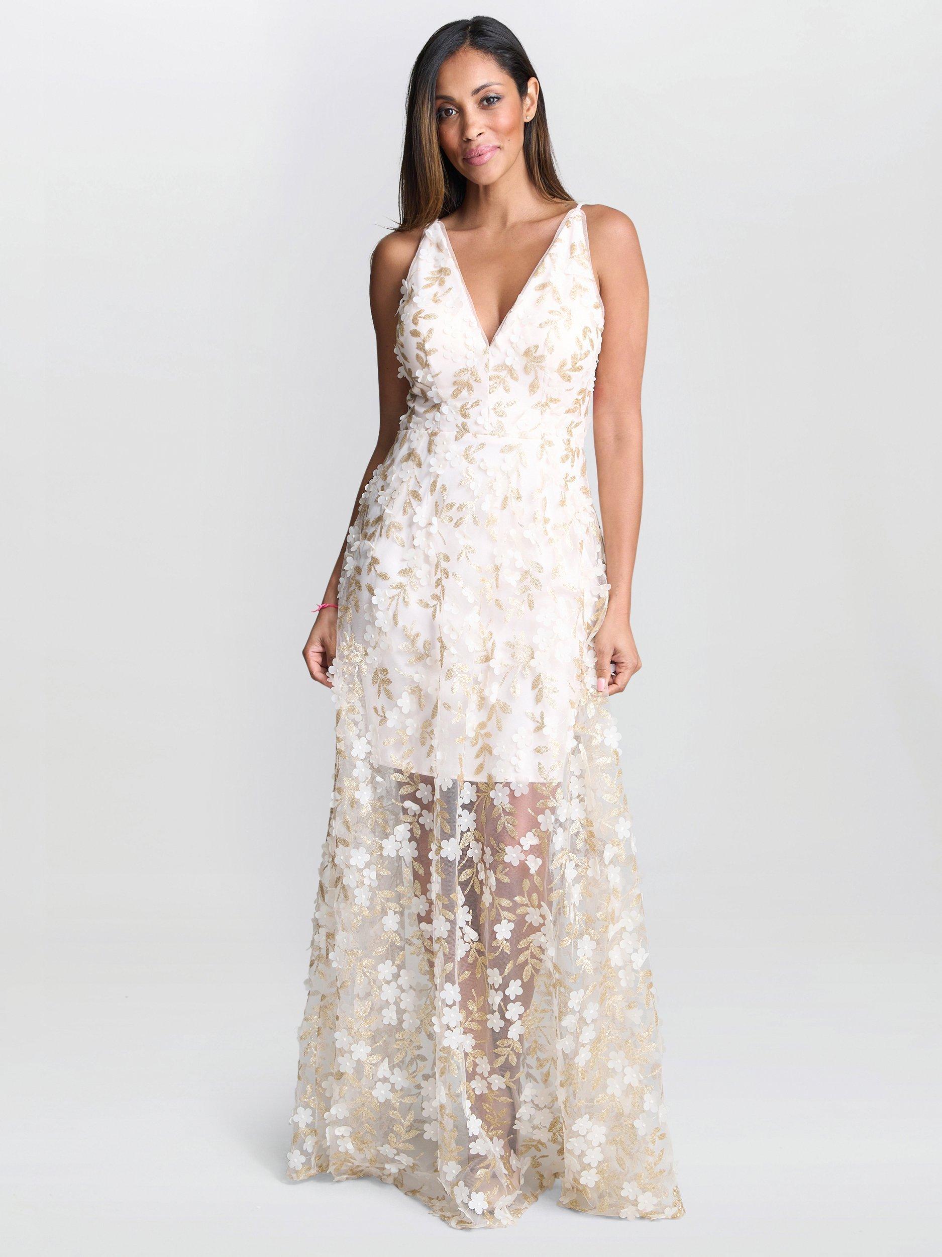 Product image 1 of 6, which shows Gina Bacconi Zafira V-Neck Embroidered Maxi Dress, Champagne, 8