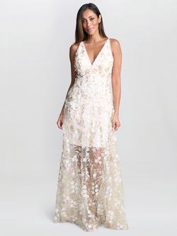 Gina Bacconi Zafira V-Neck Embroidered Maxi Dress, Champagne, Champagne