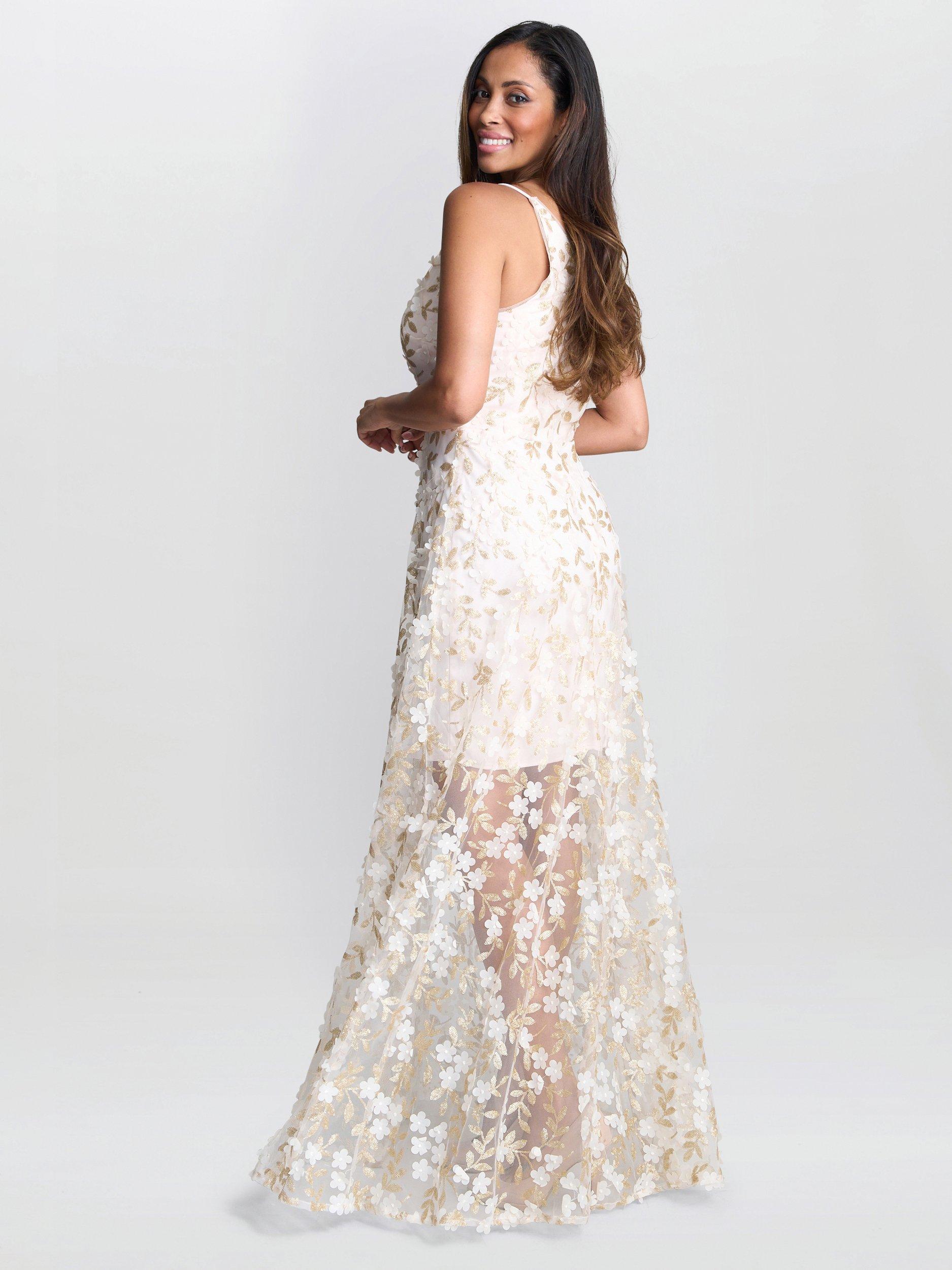 Product image 2 of 6, which shows Gina Bacconi Zafira V-Neck Embroidered Maxi Dress, Champagne, 8